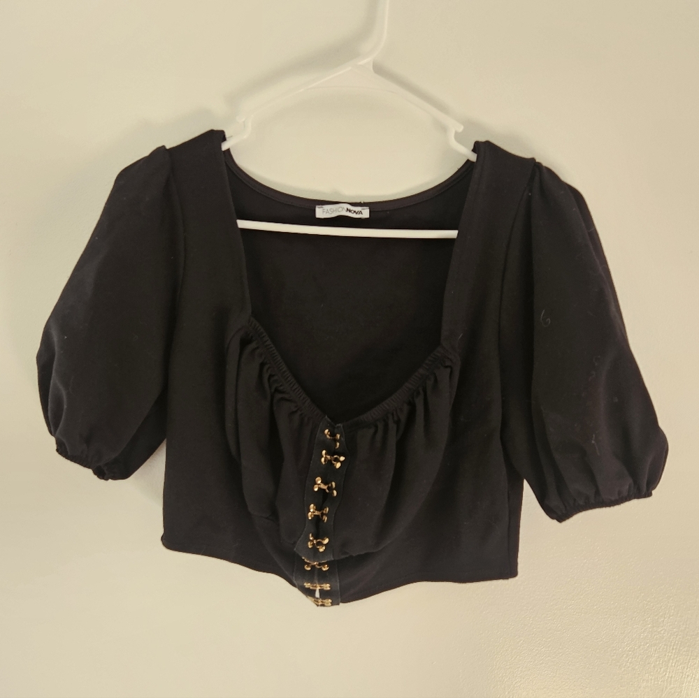 Fashion Nova Black Puff Sleeve Blouse with Gold Accents